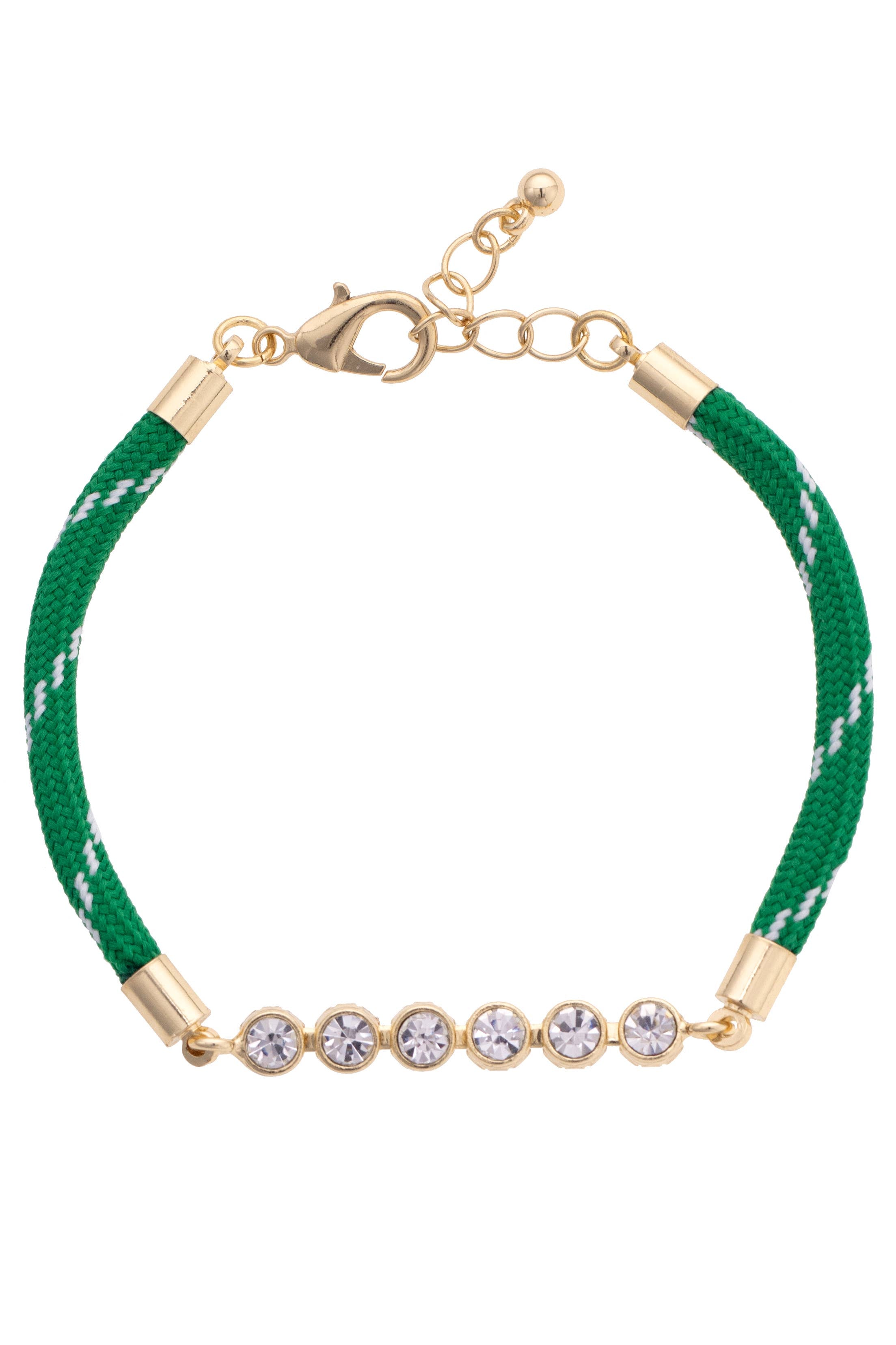 Green bracelet with gold accents and crystal beads on a white background