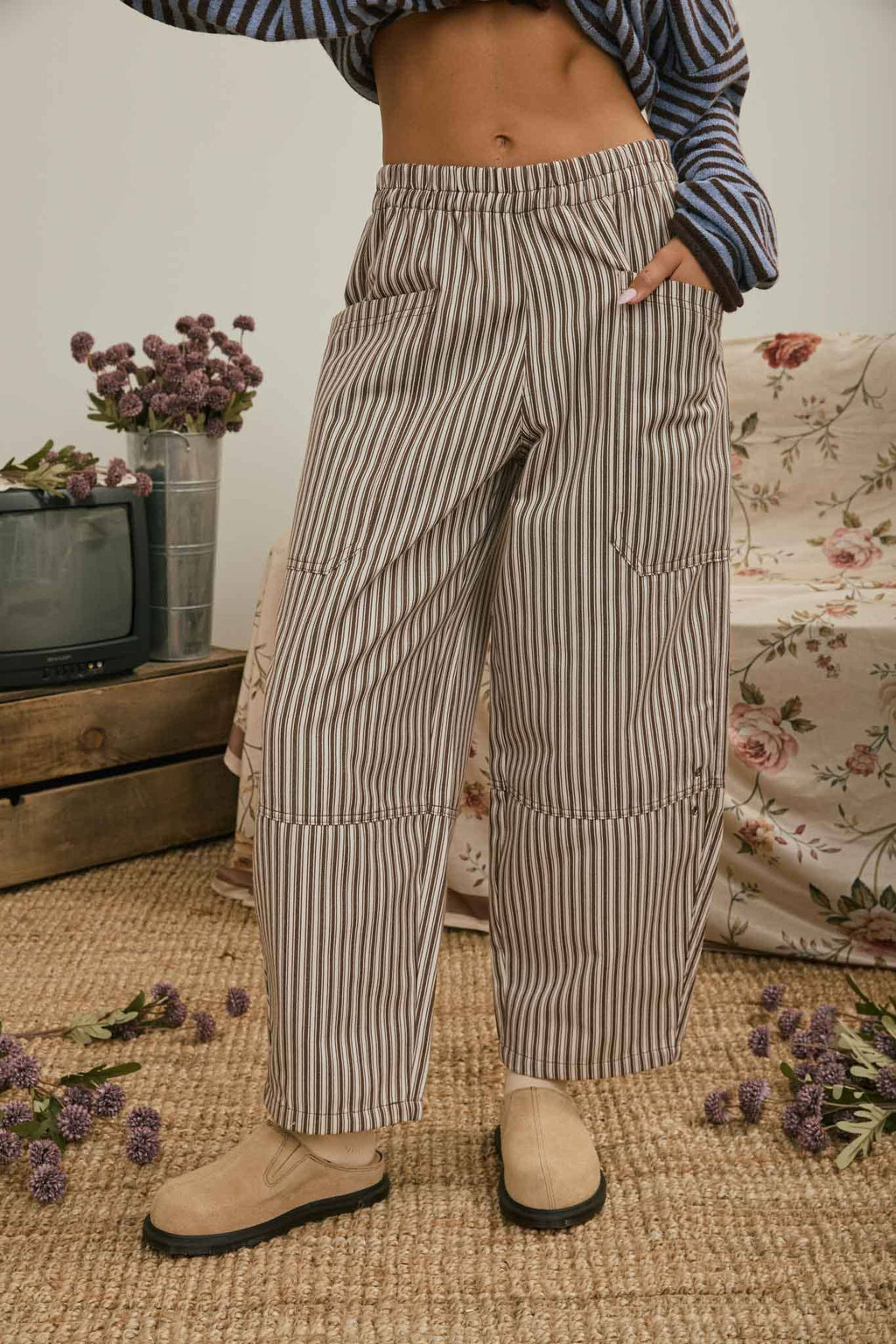 Brown Stripe Pocket Detail Wide Leg Pants