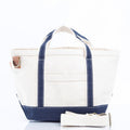 White tote bag with navy accents on a white background