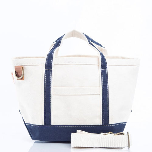 White tote bag with navy accents on a white background