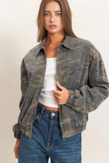 Women's camouflage zip-up jacket with classic collar, full zipper closure, and functional side pockets.