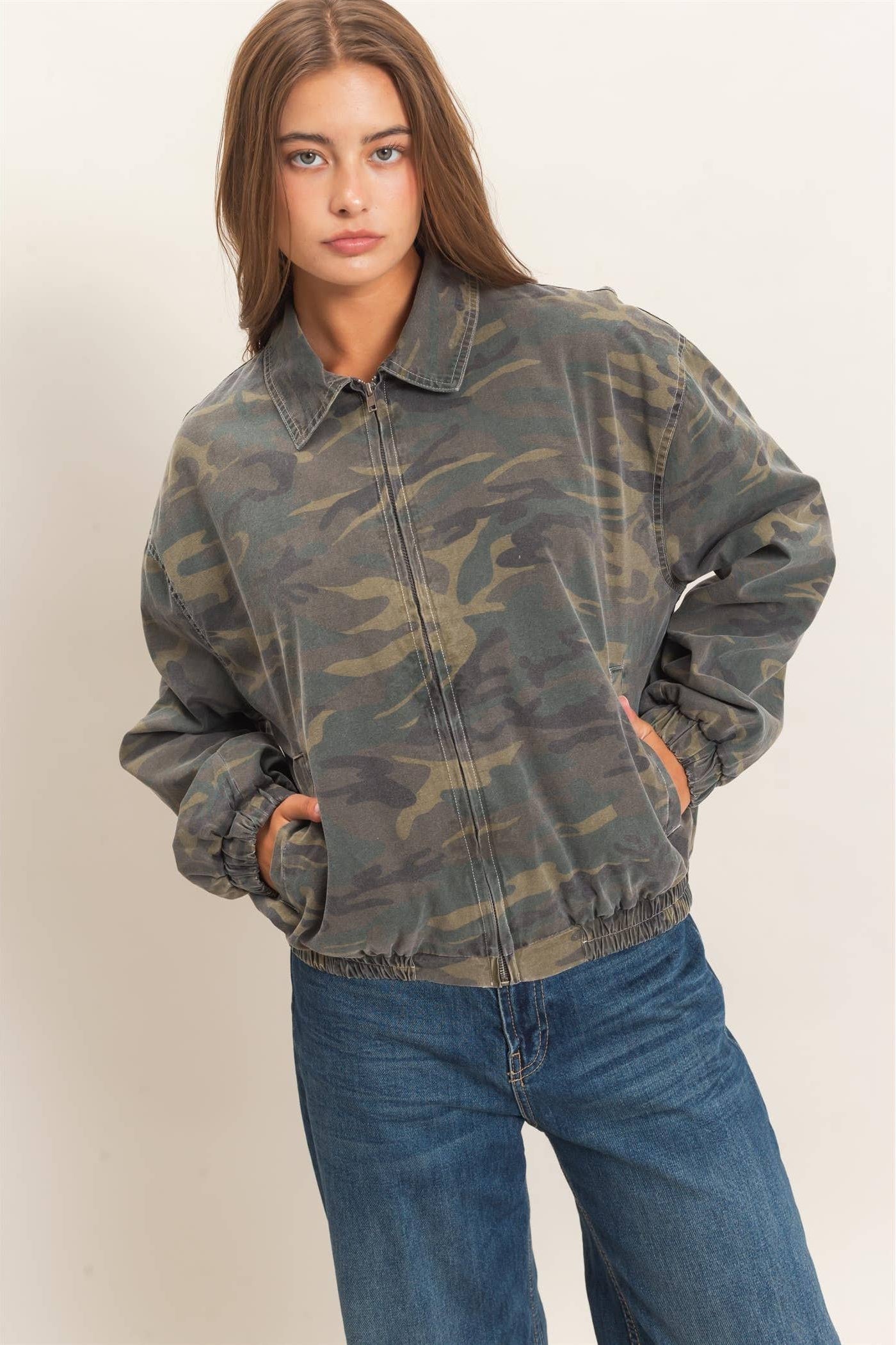 Close-up of the full front zip closure on a camouflage print jacket.