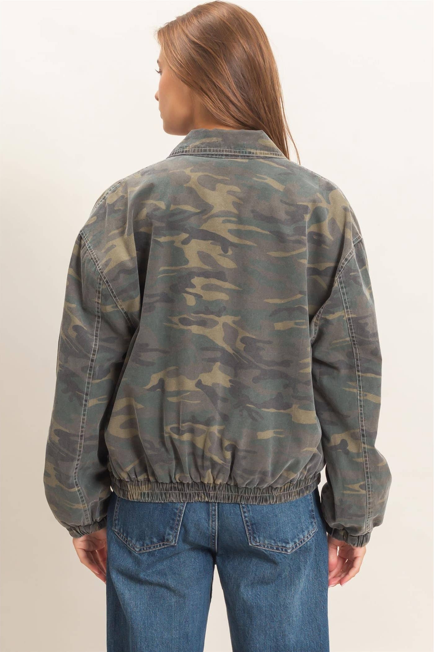 Back view of camouflage zip-up jacket with allover camo print and comfortable casual silhouette.