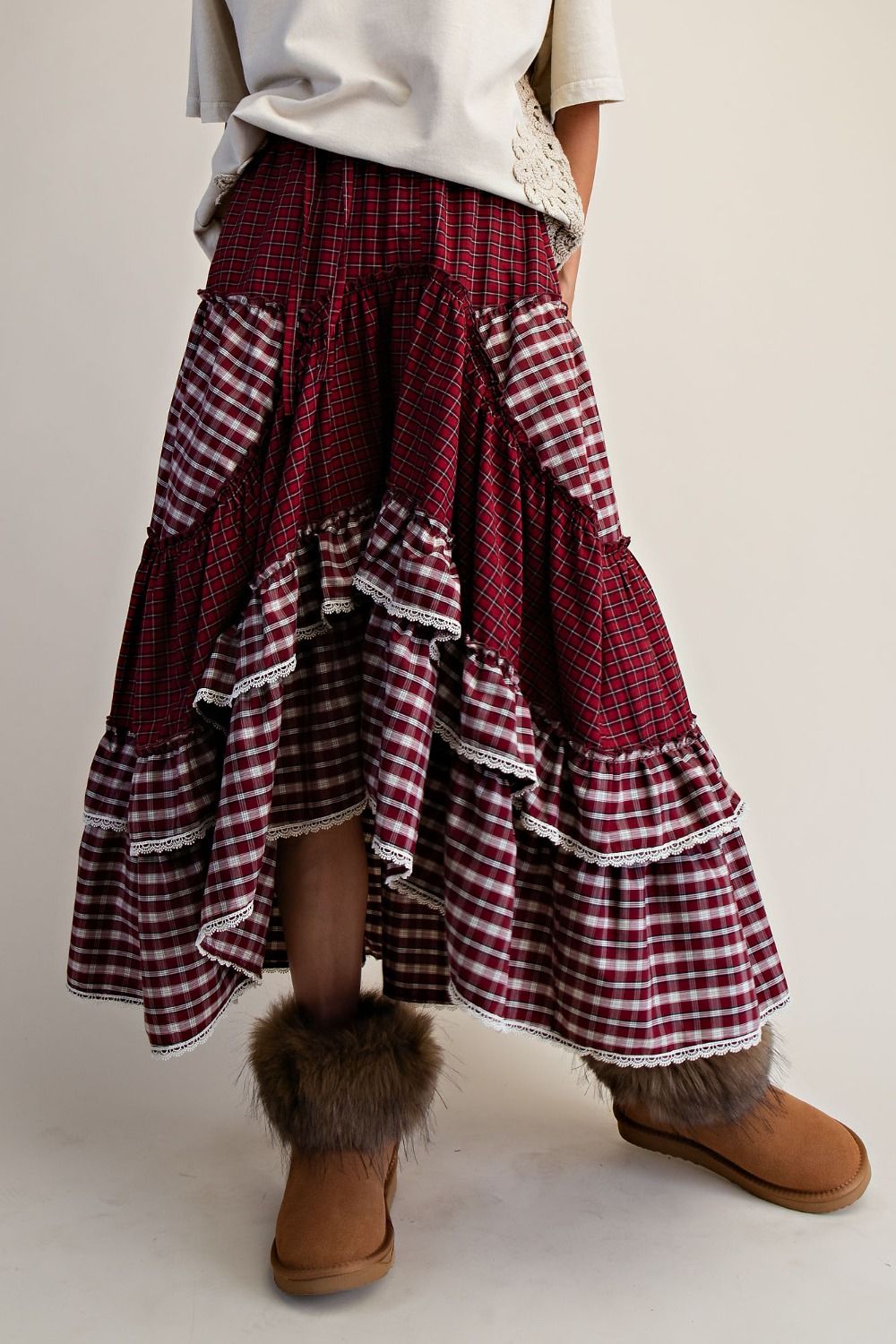 Check Mix Tiered Maxi Skirt with patchwork plaid design