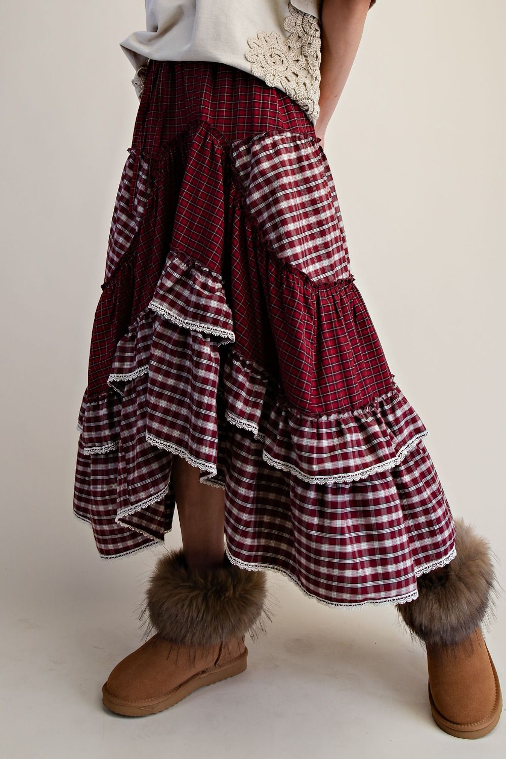 Flowy plaid patchwork skirt with elastic waistband