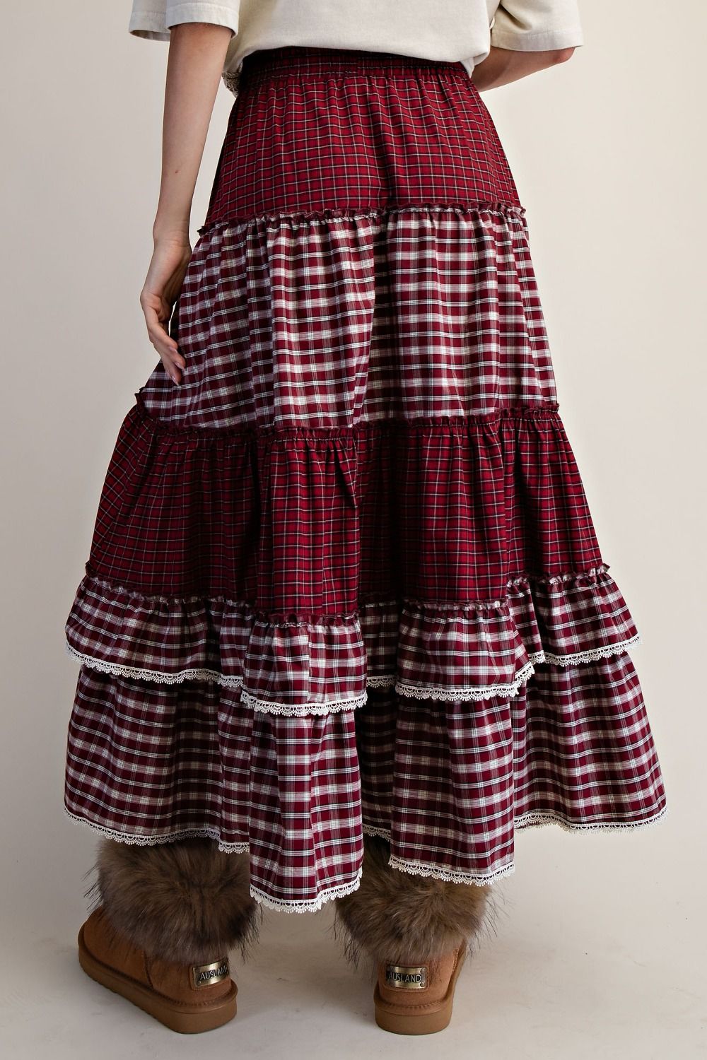 Women's tiered patchwork plaid maxi skirt
