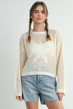 Load image into Gallery viewer, Woman wearing a white open-knit sweater and denim shorts on a light gray background
