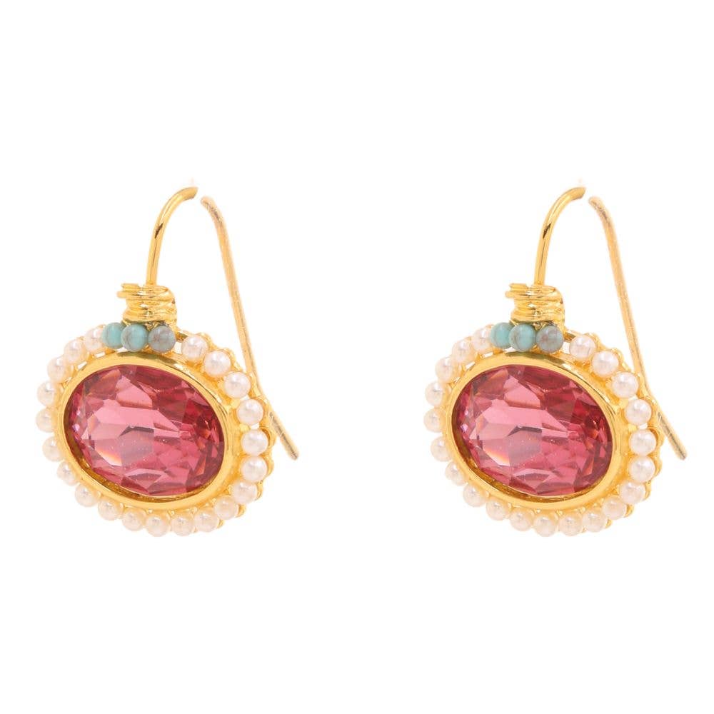 Crystal stone pearl dangle earrings with shimmering crystal accents and pearl drops.