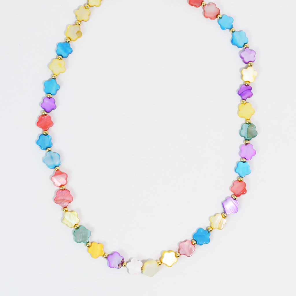 Colorful beaded necklace on a white background