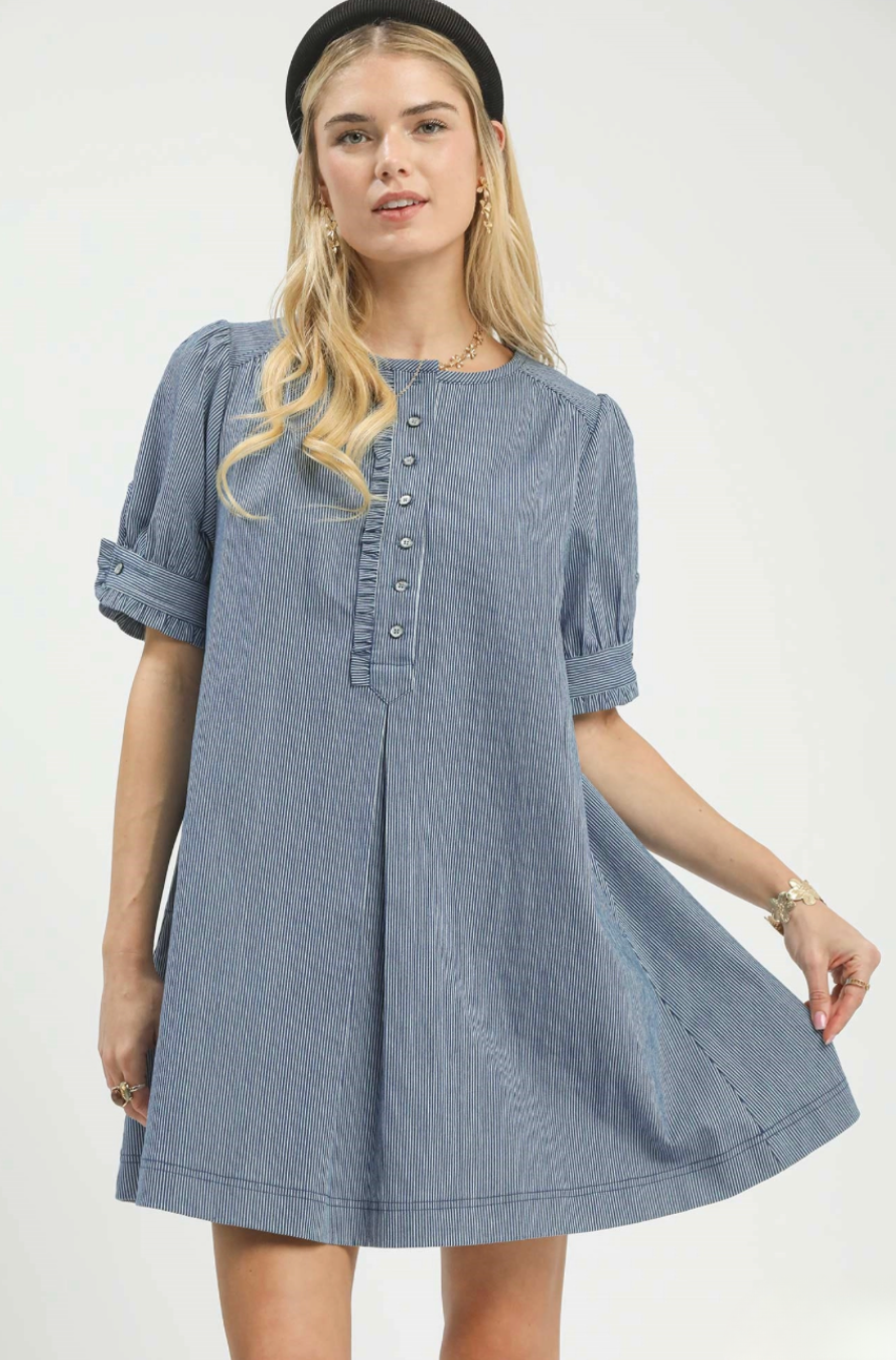 Denim Pinstripe Button-Front Babydoll Dress