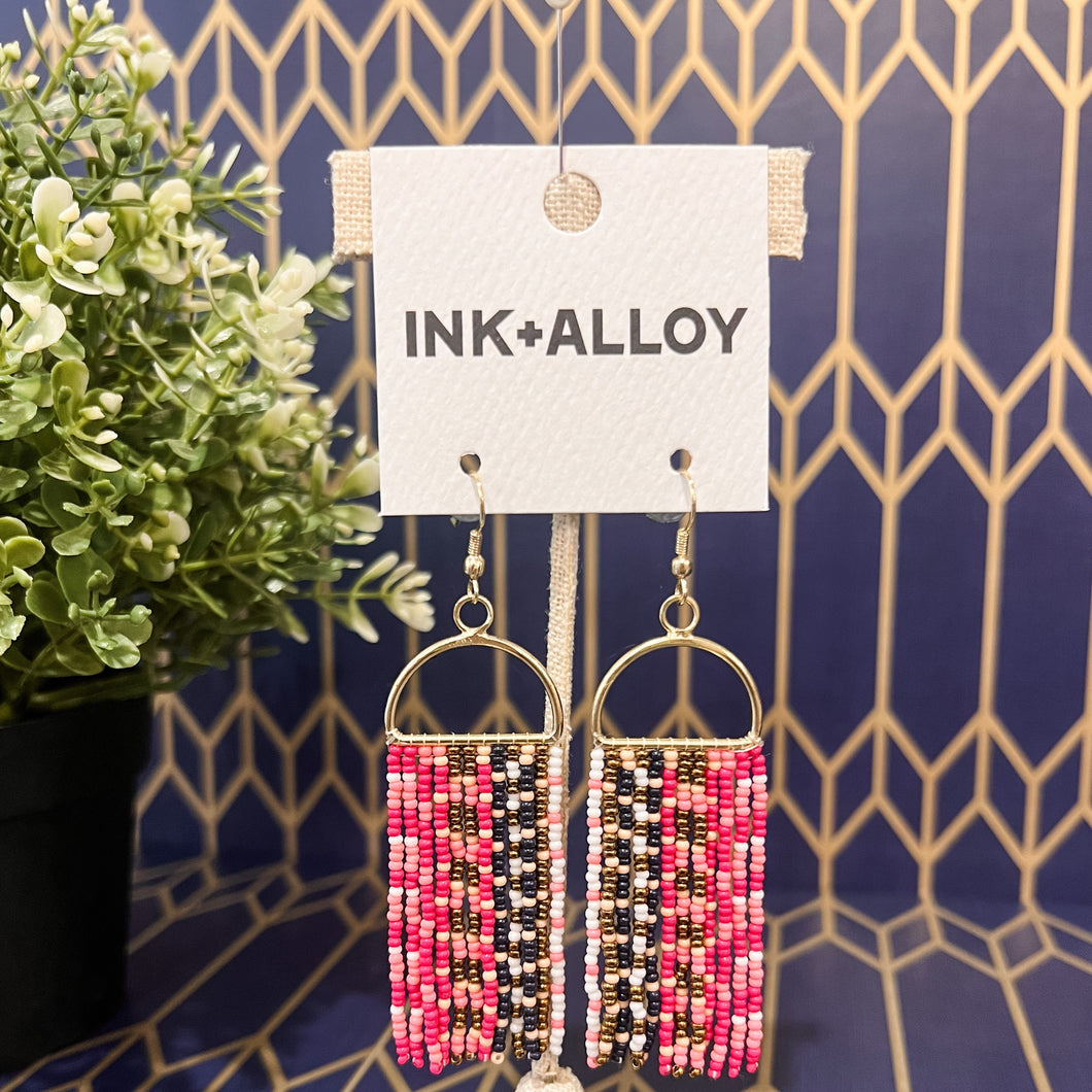 Pink/Navy Checkered Arch Long Fringe Earring