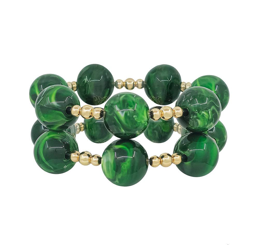 Emerald green stretch bracelets set of 2 with 20MM beads and gold accents.