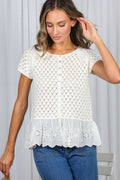 Eyelet Ruffle Hem Crochet Sweater