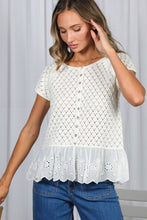 Load image into Gallery viewer, Eyelet Ruffle Hem Crochet Sweater
