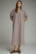 Gingham collared V-neck midi dress with short puff sleeves, side pockets, and a lightweight woven design.