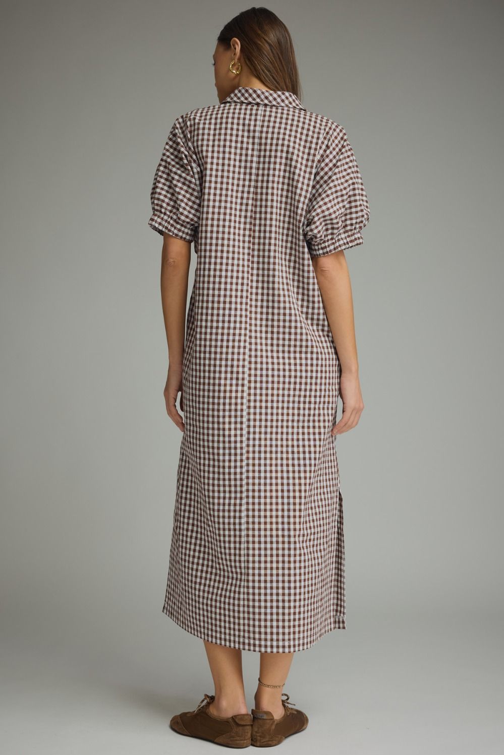 Back view of the gingham collared V-neck midi dress with short puff sleeves and a relaxed midi-length fit.