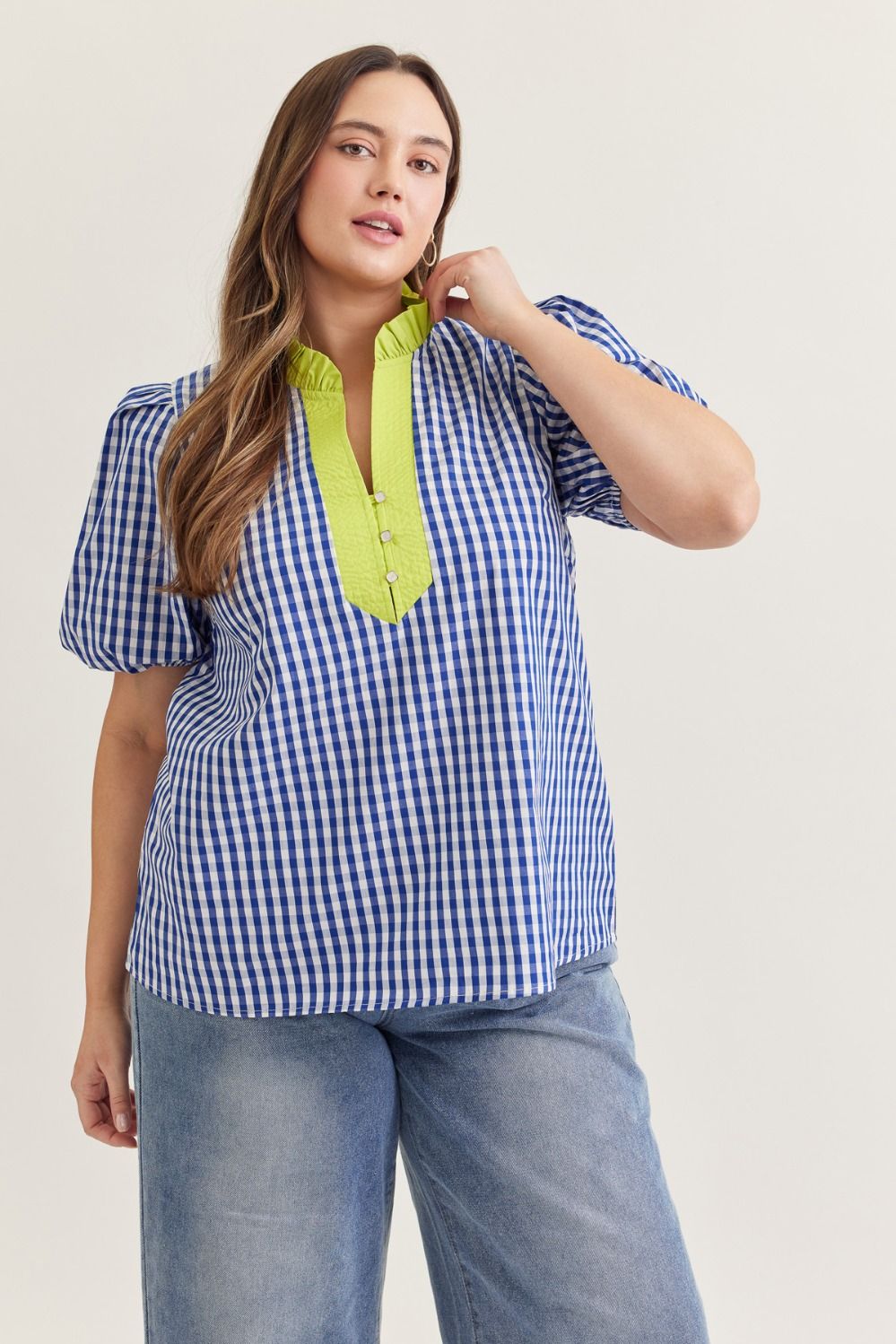 Gingham Short Puff Sleeve Top