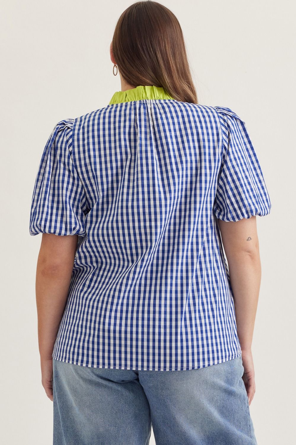 Gingham Short Puff Sleeve Top