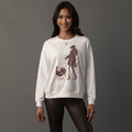 Girl Walking a Turkey Sweatshirt in white with seasonal graphic.
