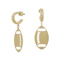 Gold football cutout earrings with twisted huggie hoop design.