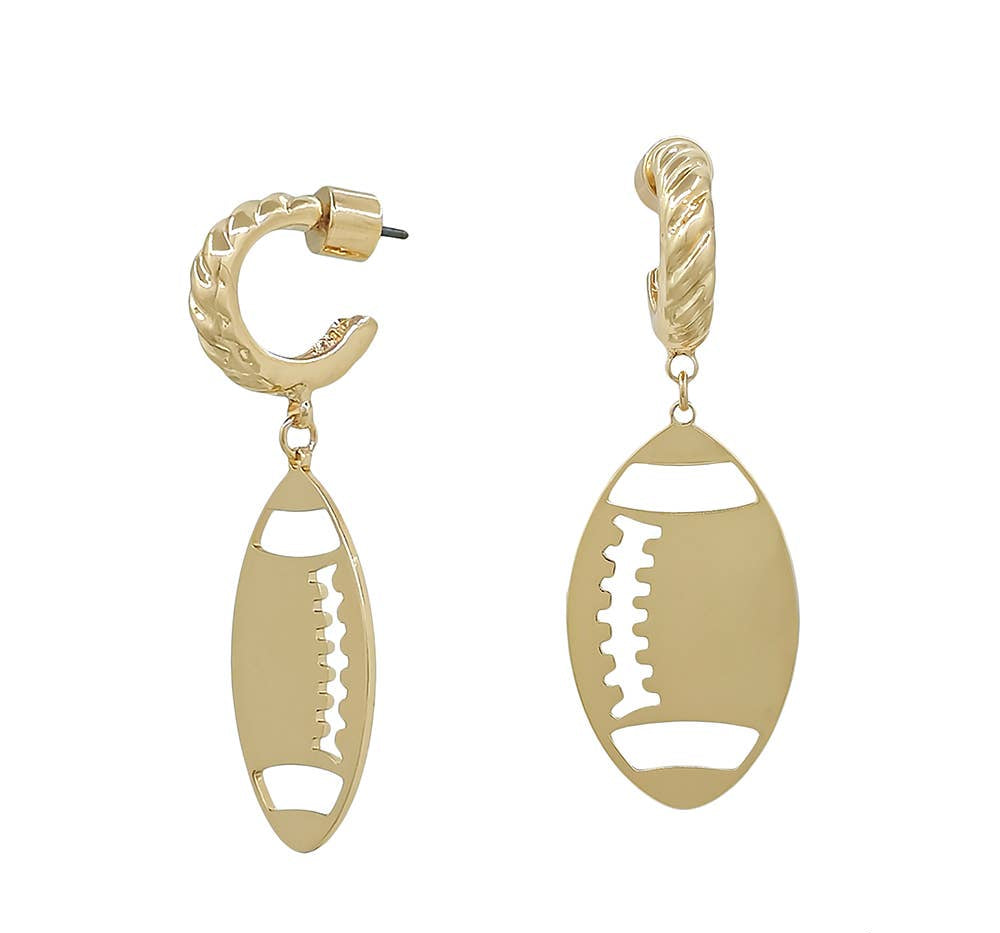 Gold football cutout earrings with twisted huggie hoop design.