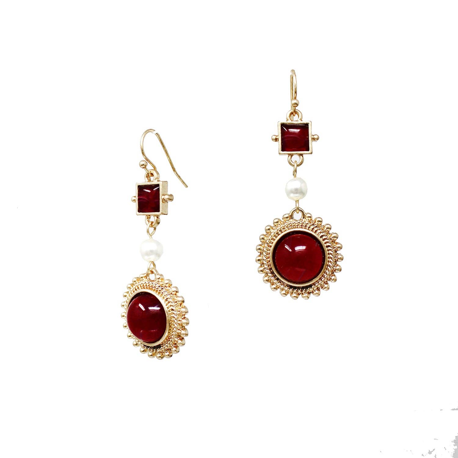 Gold geometric dangle earrings with red circle accents
