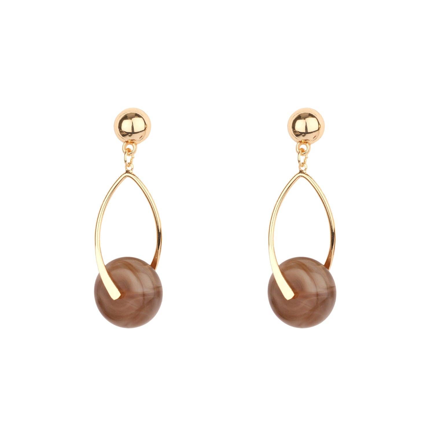 Women's gold dangle earrings with brown stone circle detail.