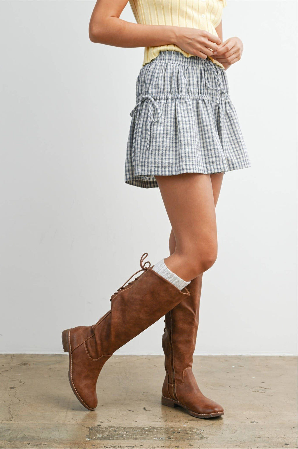 High-Waisted Plaid Drawstring Shorts