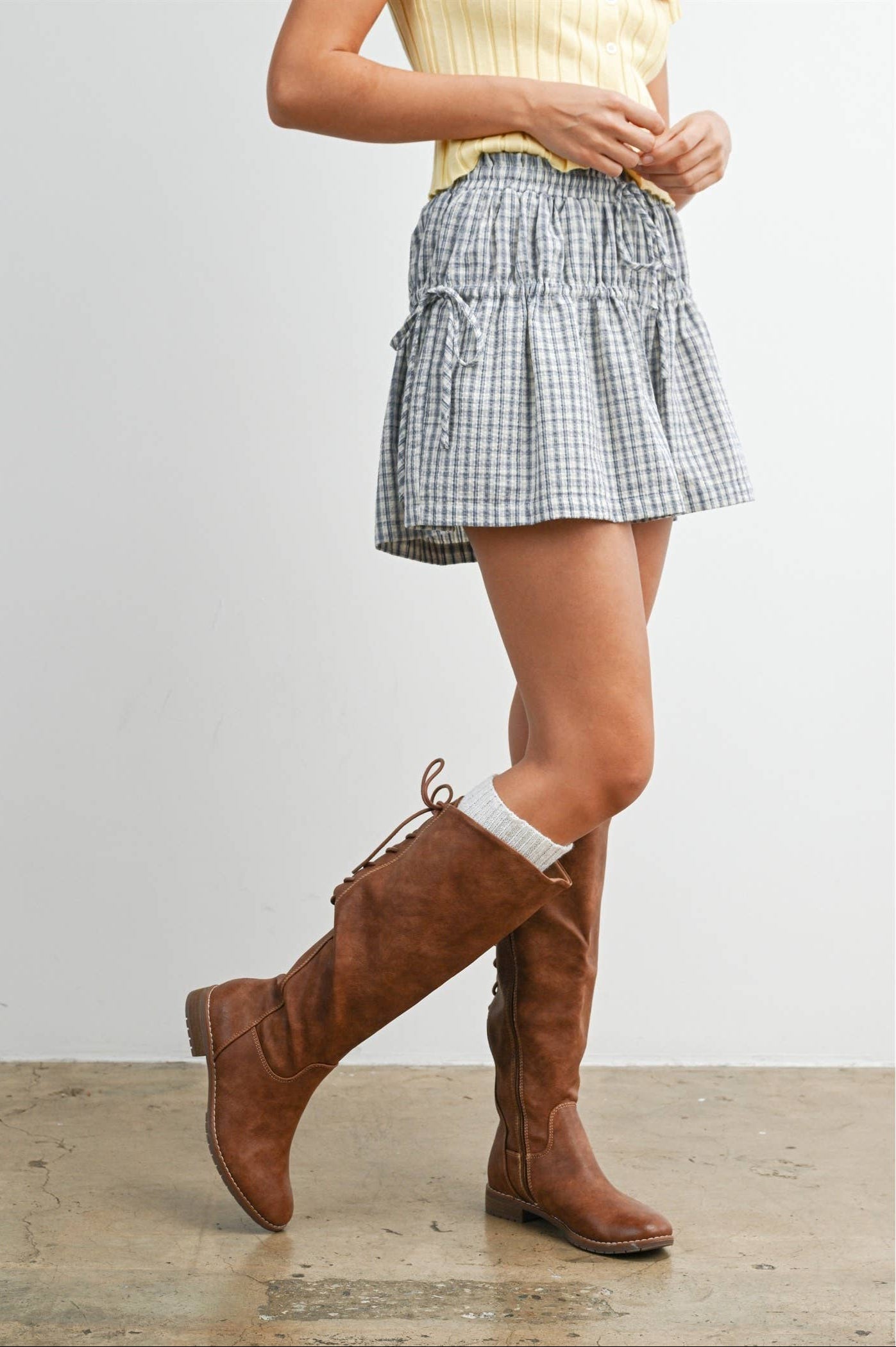 High-Waisted Plaid Drawstring Shorts
