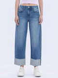 Women's high-rise cuffed barrel leg jeans in a medium wash featuring comfort stretch denim and a cropped length.