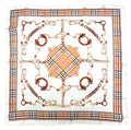 A square silk scarf featuring a central gold and pink plaid motif surrounded by brown horsebit illustrations, with a beige, black, and white check border.