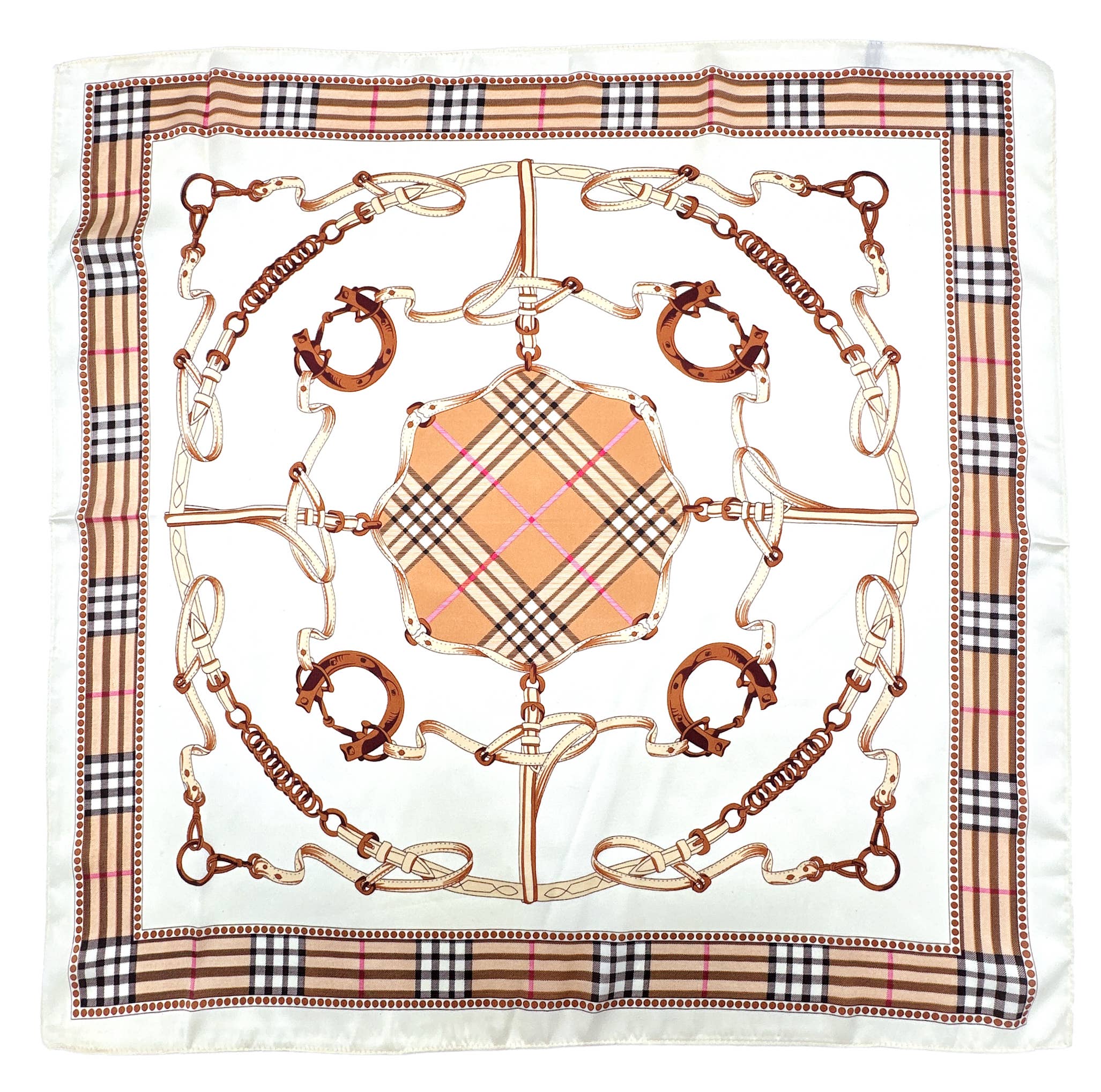 A square silk scarf featuring a central gold and pink plaid motif surrounded by brown horsebit illustrations, with a beige, black, and white check border.