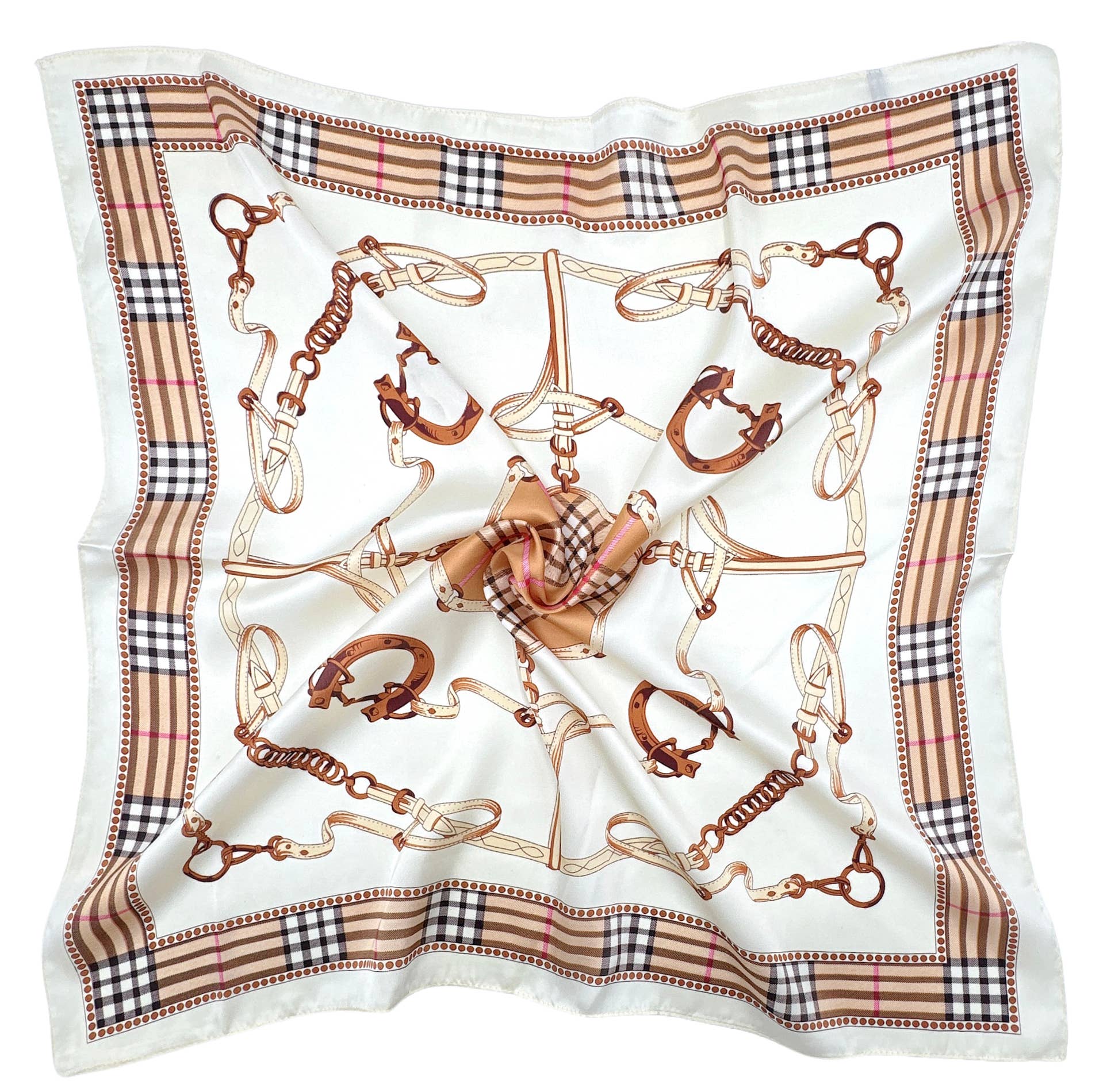 A square silk scarf featuring an equestrian theme with horse bits and reins printed in brown and gold on a white background, finished with a beige and black check border.