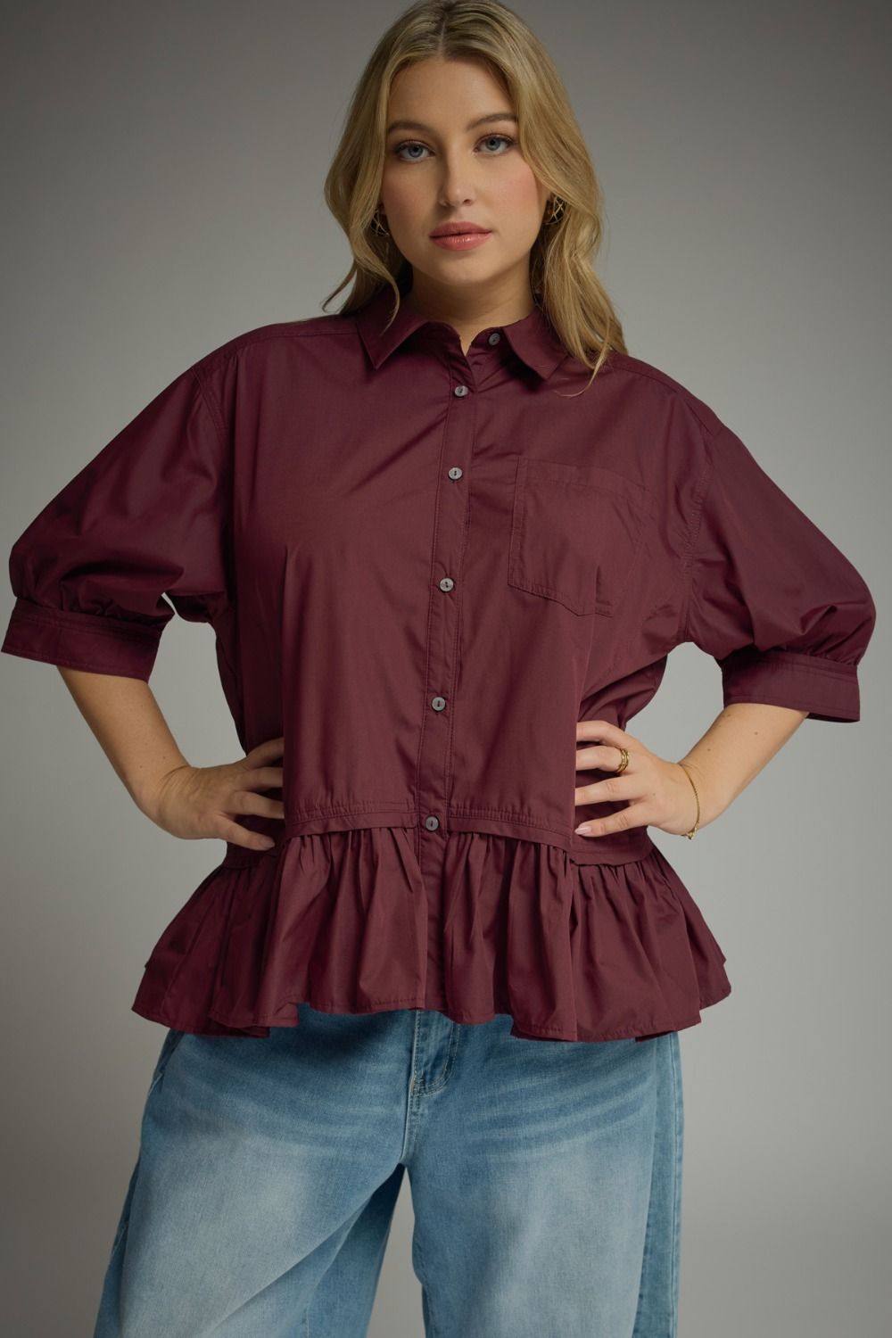 Merlot 3/4 Sleeve Button-Down