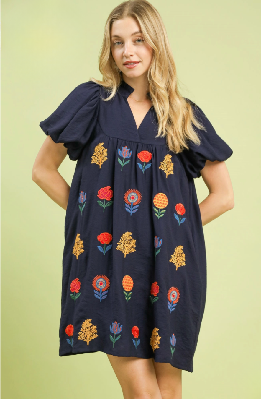 Navy Embroidered Puff Sleeve Dress