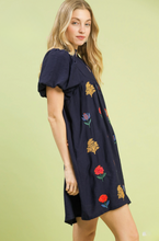 Load image into Gallery viewer, Navy Embroidered Puff Sleeve Dress
