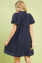 Load image into Gallery viewer, Navy Embroidered Puff Sleeve Dress
