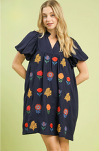 Load image into Gallery viewer, Navy Embroidered Puff Sleeve Dress
