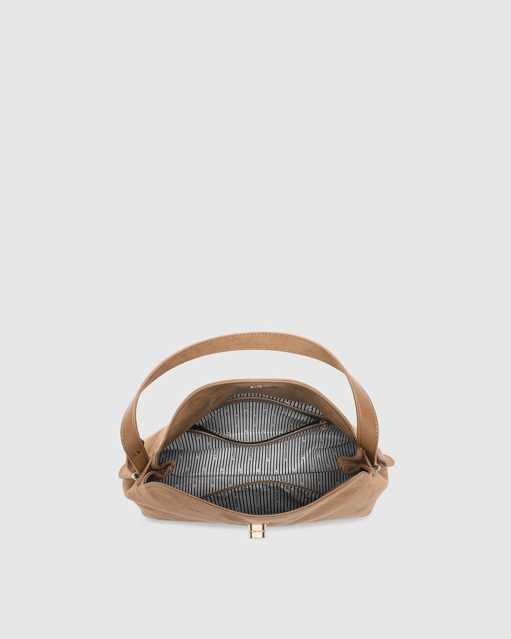 Interior of the Nicole Suede Honey handbag with zip and slip pockets
