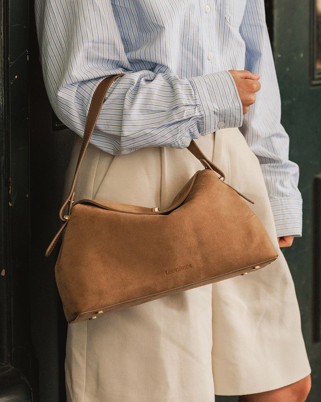 Louenhide Nicole Suede Honey handbag with light gold hardware