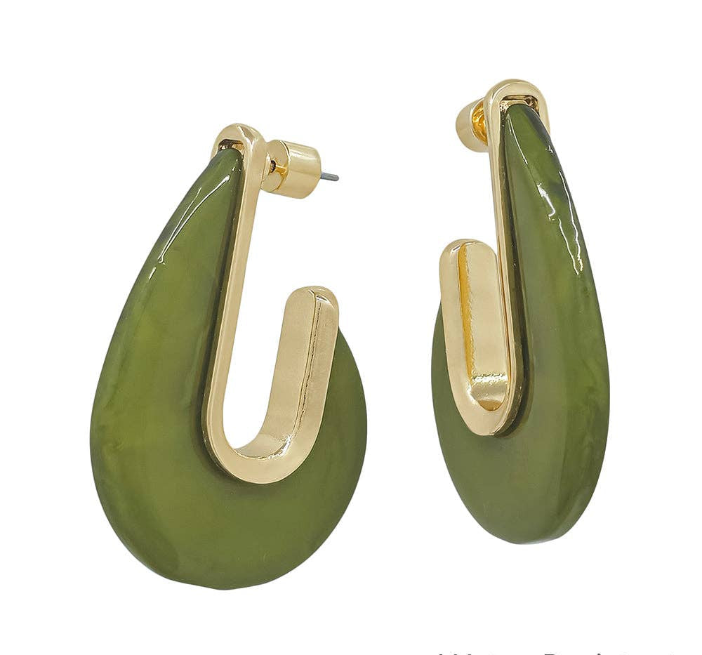Olive green acrylic and gold teardrop 2-inch water-resistant dangle earrings.