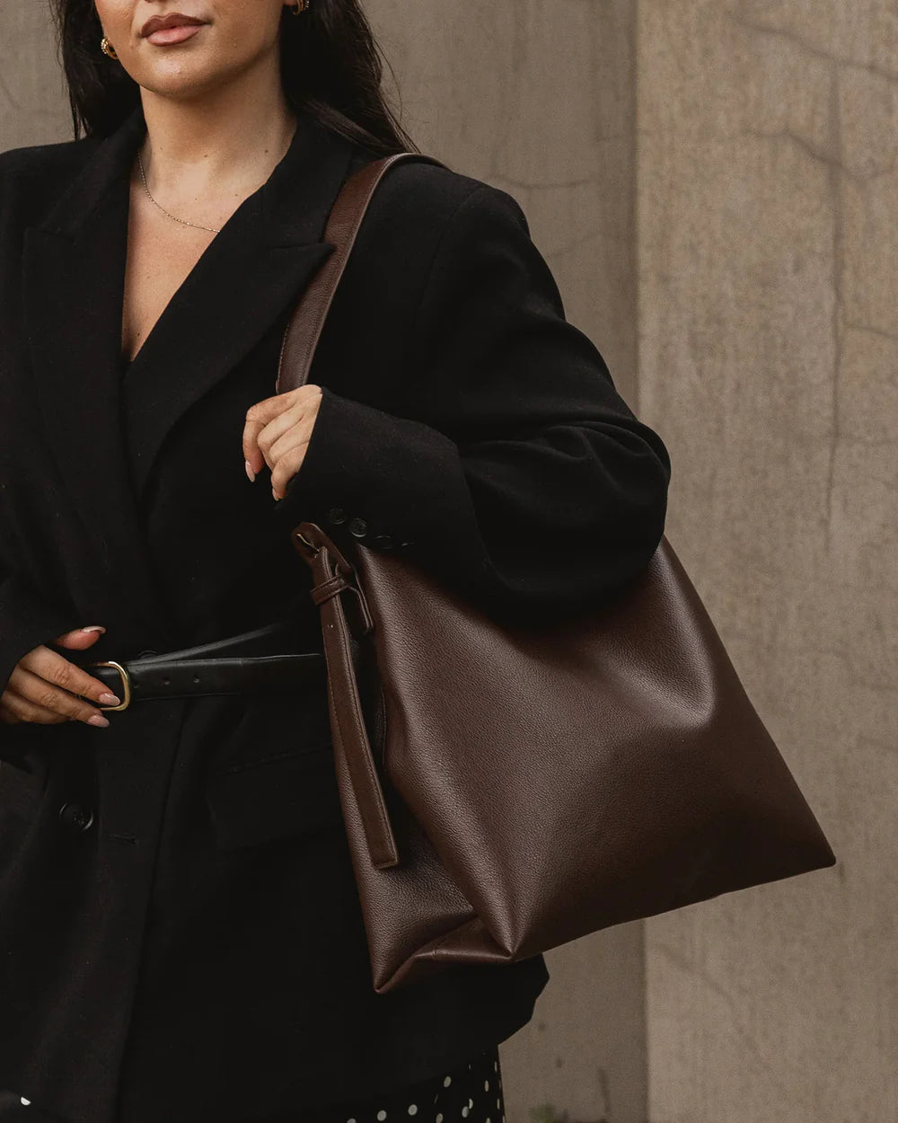 Side view of the Peyton Shoulder Bag in Chocolate