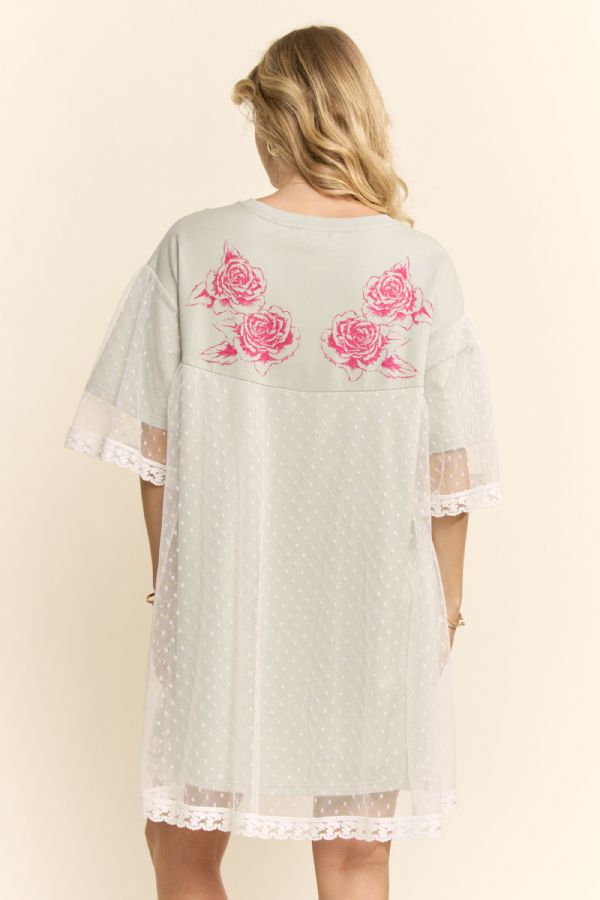 Plus Size Angle Printed French Terry and Dotted Mesh Layer Dress