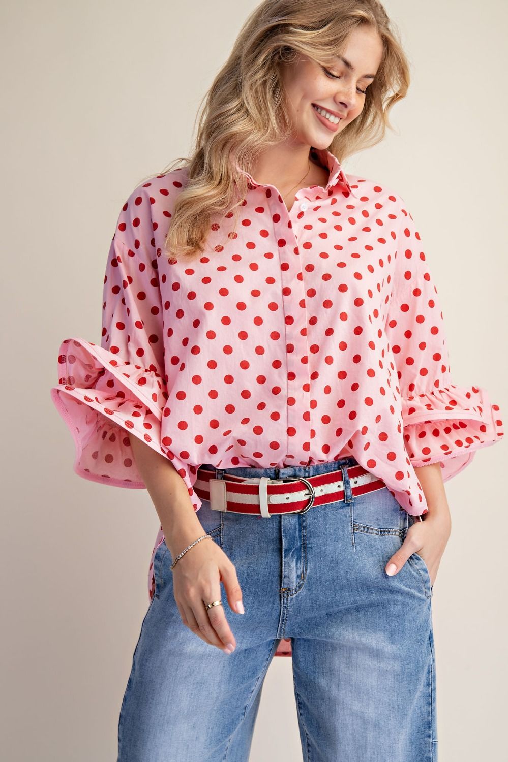 Polka Dot Poplin Button Down Top featuring a lightweight 100% cotton fabric, collared neckline, and relaxed oversized fit.