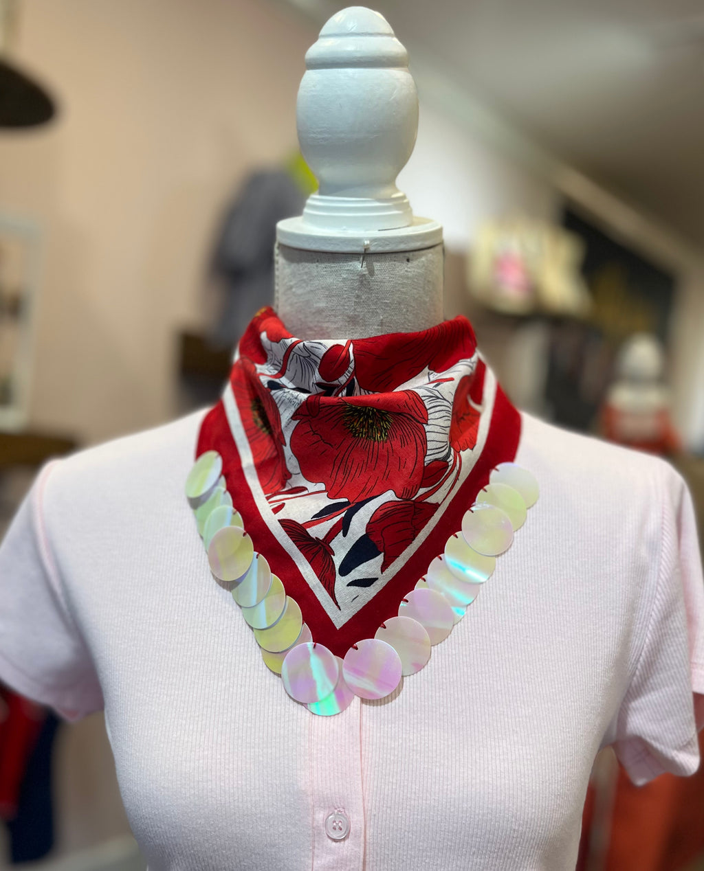 Red floral sequin bandana with sparkling white sequins and square design.