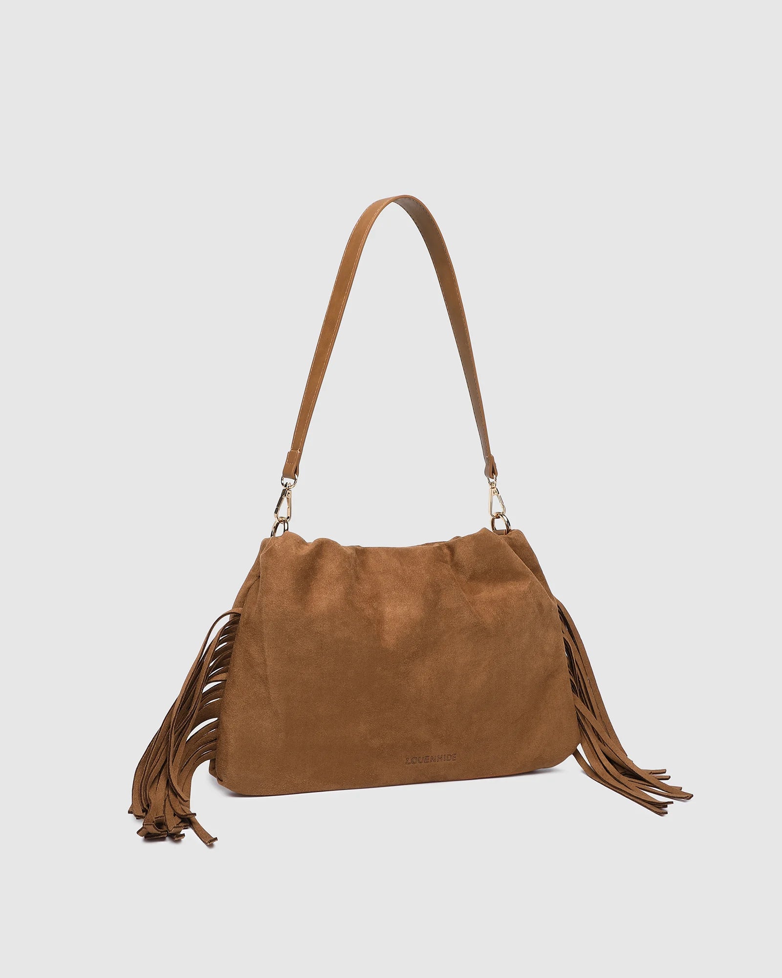 Side view of the Louenhide Reese Shoulder Bag in Suede Tan