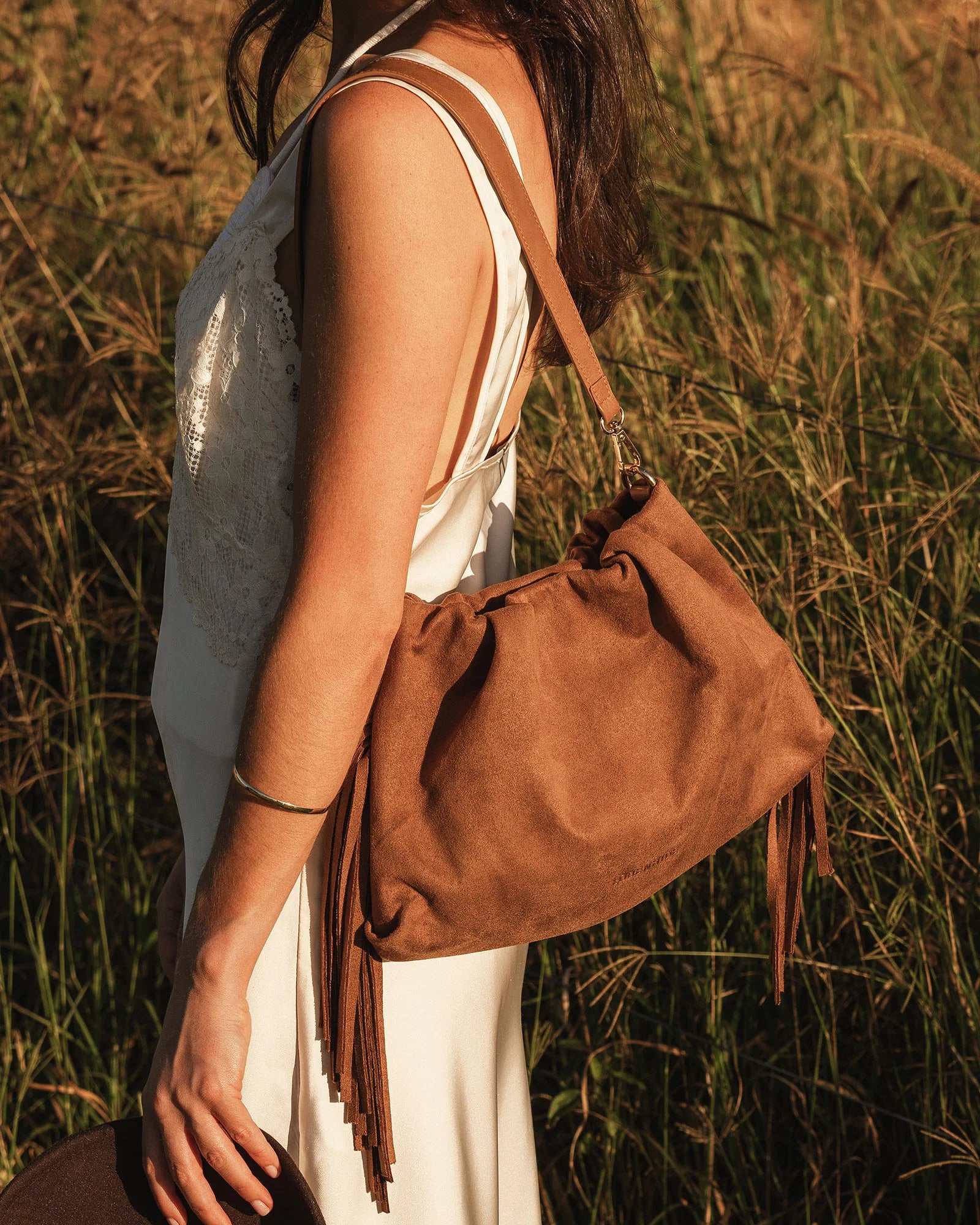 Louenhide Reese Suede Tan bag with detachable shoulder strap