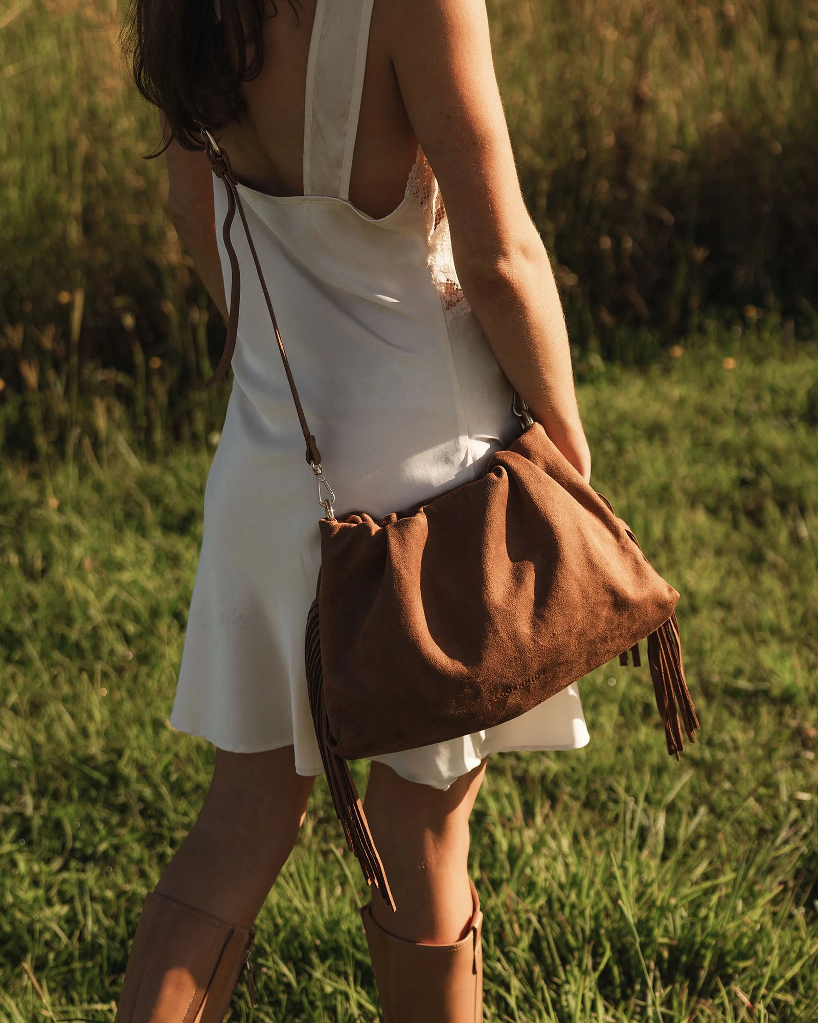 Reese Suede Tan bag with adjustable crossbody strap
