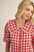 Load image into Gallery viewer, Ruffled Detail Button Down Embroidered Check Top
