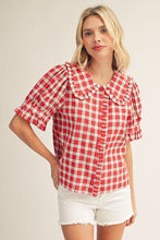 Load image into Gallery viewer, Ruffled Detail Button Down Embroidered Check Top
